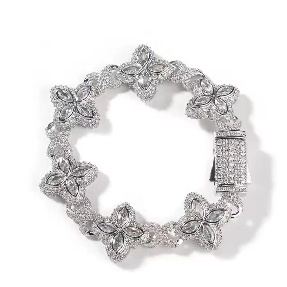 Men's Silver  clover Link Bracelet - 8inch